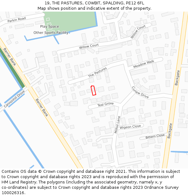 19, THE PASTURES, COWBIT, SPALDING, PE12 6FL: Location map and indicative extent of plot