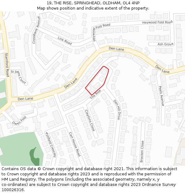 19, THE RISE, SPRINGHEAD, OLDHAM, OL4 4NP: Location map and indicative extent of plot