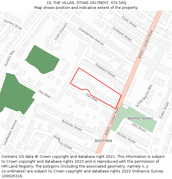 19, THE VILLAS, STOKE-ON-TRENT, ST4 5AQ: Location map and indicative extent of plot