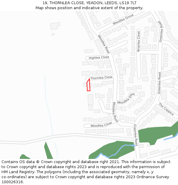 19, THORNLEA CLOSE, YEADON, LEEDS, LS19 7LT: Location map and indicative extent of plot