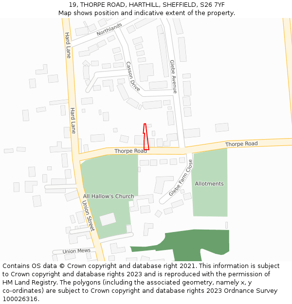 19, THORPE ROAD, HARTHILL, SHEFFIELD, S26 7YF: Location map and indicative extent of plot