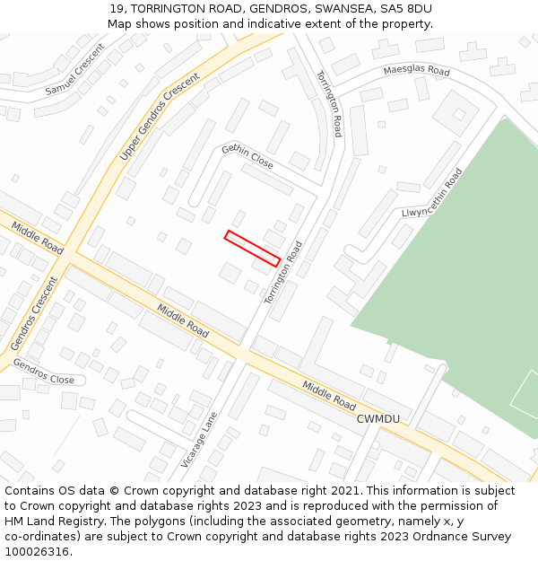 19, TORRINGTON ROAD, GENDROS, SWANSEA, SA5 8DU: Location map and indicative extent of plot