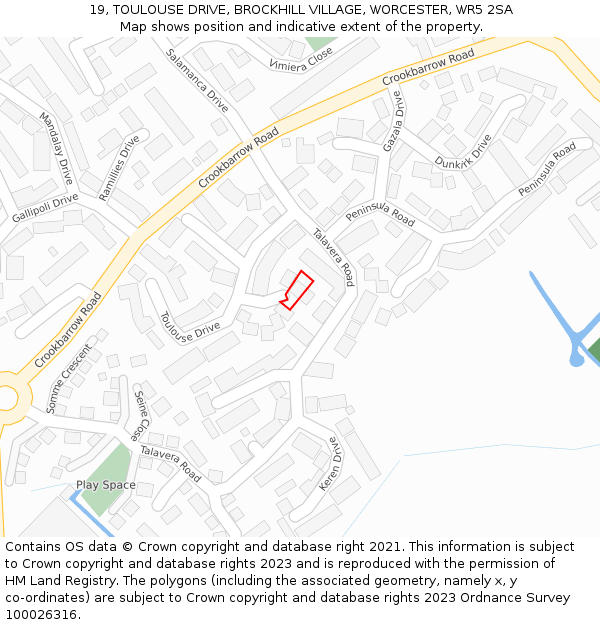 19, TOULOUSE DRIVE, BROCKHILL VILLAGE, WORCESTER, WR5 2SA: Location map and indicative extent of plot