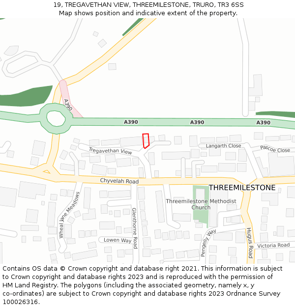 19, TREGAVETHAN VIEW, THREEMILESTONE, TRURO, TR3 6SS: Location map and indicative extent of plot
