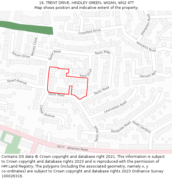 19, TRENT DRIVE, HINDLEY GREEN, WIGAN, WN2 4TT: Location map and indicative extent of plot