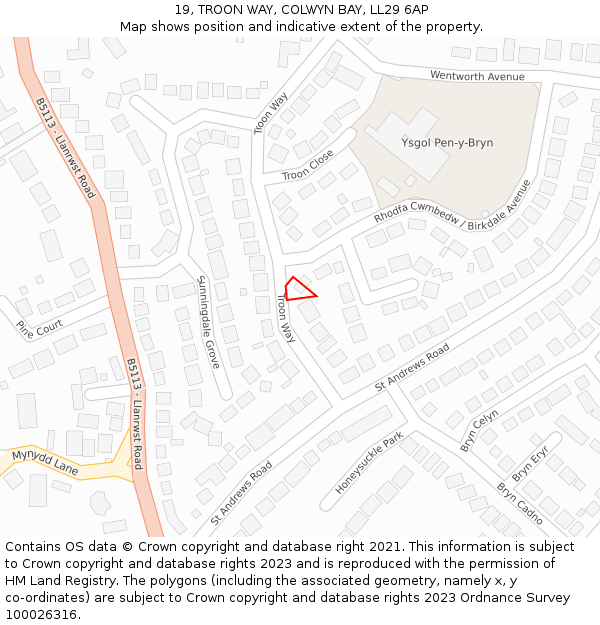 19, TROON WAY, COLWYN BAY, LL29 6AP: Location map and indicative extent of plot