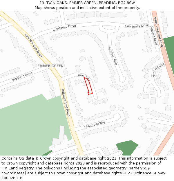 19, TWIN OAKS, EMMER GREEN, READING, RG4 8SW: Location map and indicative extent of plot