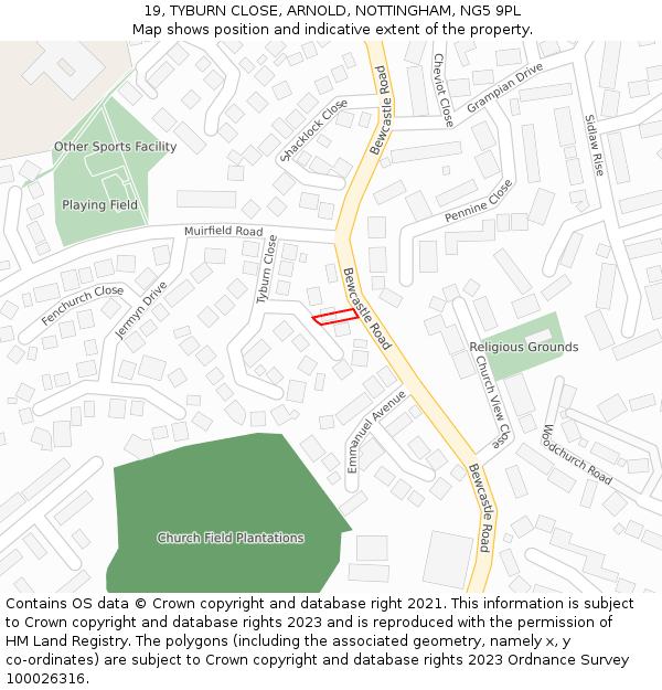 19, TYBURN CLOSE, ARNOLD, NOTTINGHAM, NG5 9PL: Location map and indicative extent of plot