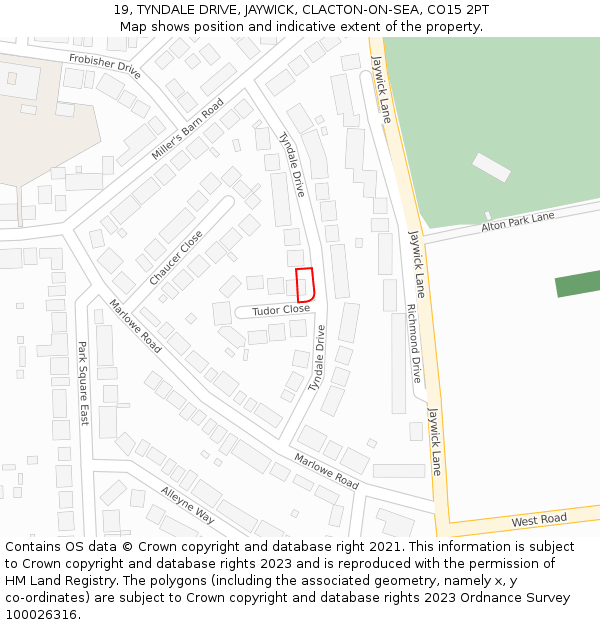 19, TYNDALE DRIVE, JAYWICK, CLACTON-ON-SEA, CO15 2PT: Location map and indicative extent of plot