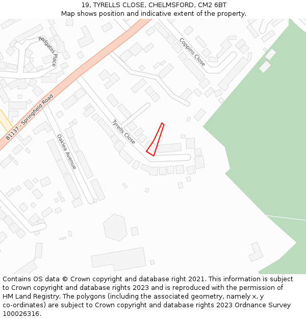 19, TYRELLS CLOSE, CHELMSFORD, CM2 6BT: Location map and indicative extent of plot