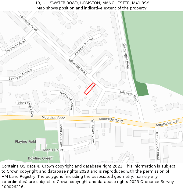 19, ULLSWATER ROAD, URMSTON, MANCHESTER, M41 8SY: Location map and indicative extent of plot