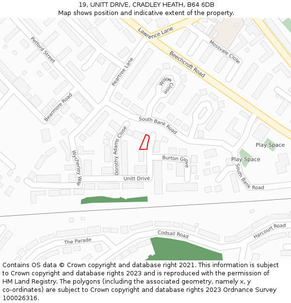 19, UNITT DRIVE, CRADLEY HEATH, B64 6DB: Location map and indicative extent of plot