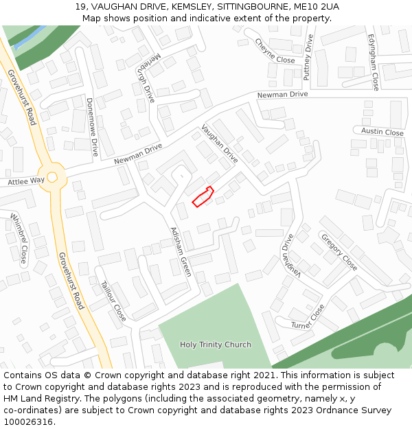 19, VAUGHAN DRIVE, KEMSLEY, SITTINGBOURNE, ME10 2UA: Location map and indicative extent of plot