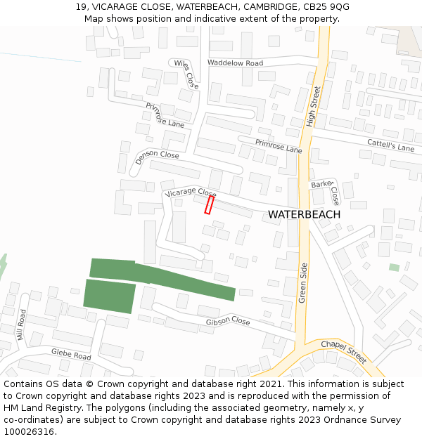 19, VICARAGE CLOSE, WATERBEACH, CAMBRIDGE, CB25 9QG: Location map and indicative extent of plot