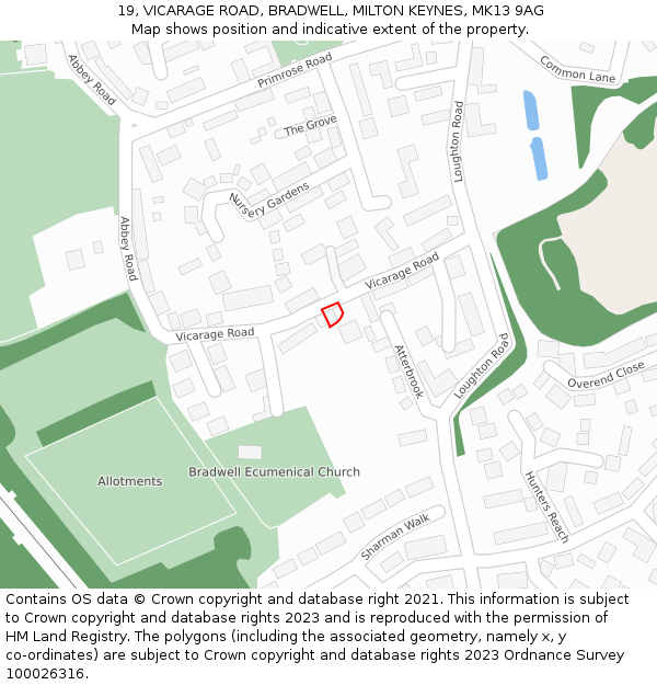 19, VICARAGE ROAD, BRADWELL, MILTON KEYNES, MK13 9AG: Location map and indicative extent of plot