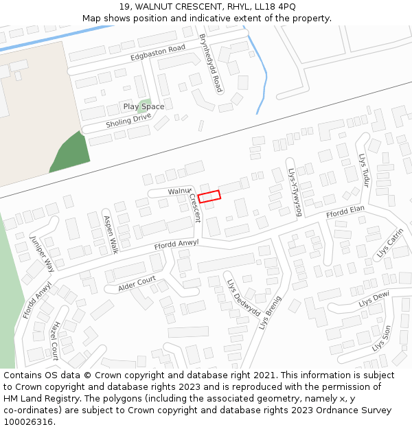 19, WALNUT CRESCENT, RHYL, LL18 4PQ: Location map and indicative extent of plot