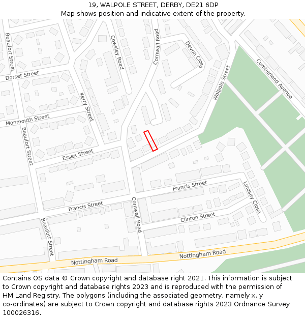 19, WALPOLE STREET, DERBY, DE21 6DP: Location map and indicative extent of plot