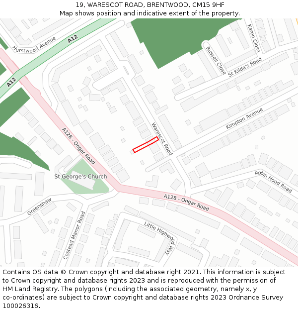 19, WARESCOT ROAD, BRENTWOOD, CM15 9HF: Location map and indicative extent of plot