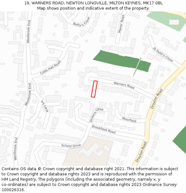 19, WARNERS ROAD, NEWTON LONGVILLE, MILTON KEYNES, MK17 0BL: Location map and indicative extent of plot