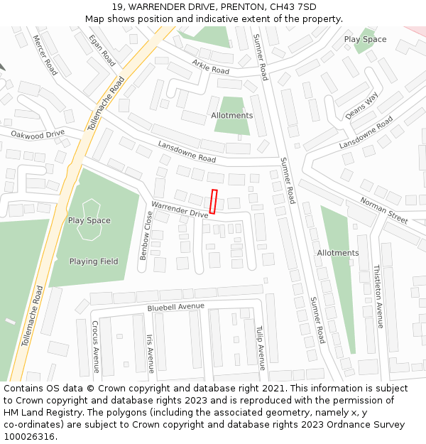 19, WARRENDER DRIVE, PRENTON, CH43 7SD: Location map and indicative extent of plot