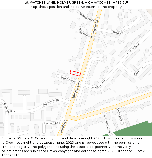 19, WATCHET LANE, HOLMER GREEN, HIGH WYCOMBE, HP15 6UF: Location map and indicative extent of plot