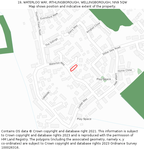 19, WATERLOO WAY, IRTHLINGBOROUGH, WELLINGBOROUGH, NN9 5QW: Location map and indicative extent of plot