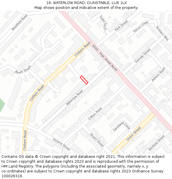 19, WATERLOW ROAD, DUNSTABLE, LU6 1LX: Location map and indicative extent of plot