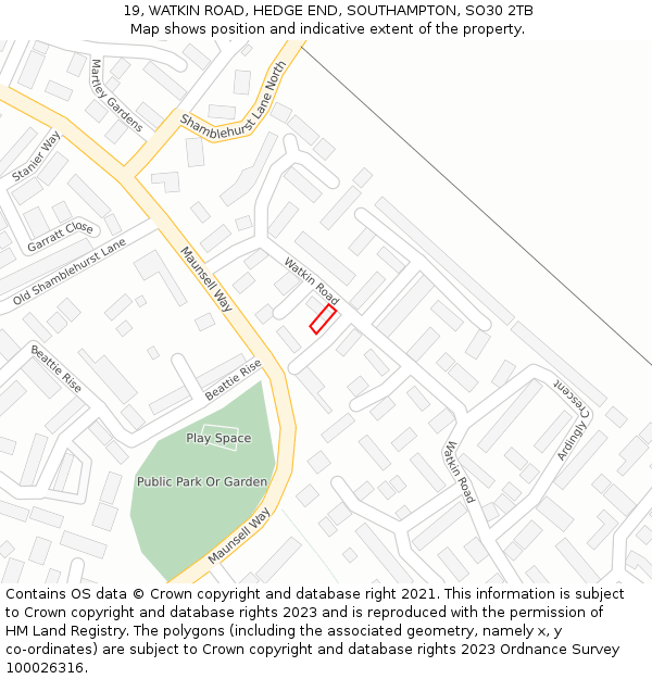 19, WATKIN ROAD, HEDGE END, SOUTHAMPTON, SO30 2TB: Location map and indicative extent of plot