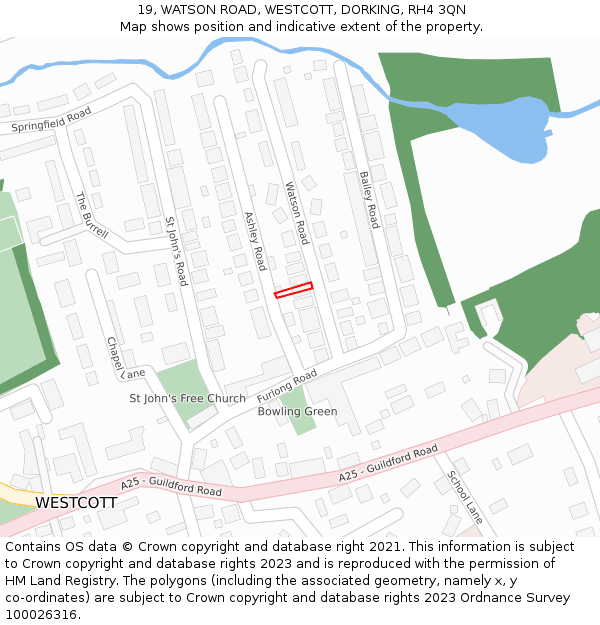 19, WATSON ROAD, WESTCOTT, DORKING, RH4 3QN: Location map and indicative extent of plot