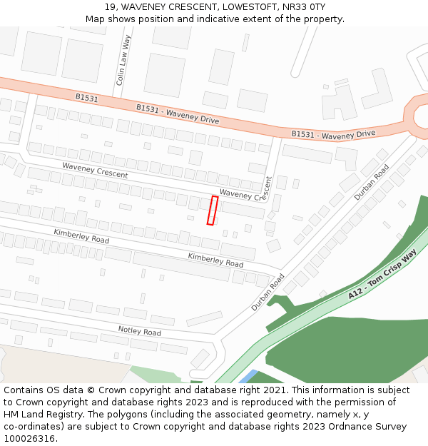 19, WAVENEY CRESCENT, LOWESTOFT, NR33 0TY: Location map and indicative extent of plot