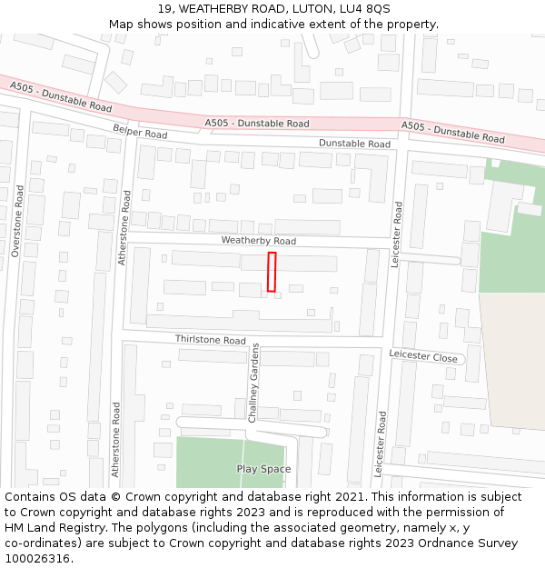 19, WEATHERBY ROAD, LUTON, LU4 8QS: Location map and indicative extent of plot