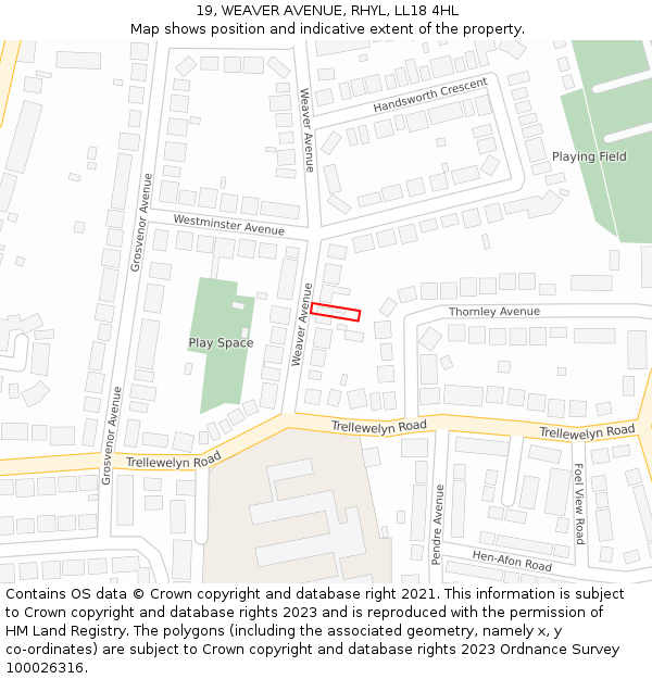 19, WEAVER AVENUE, RHYL, LL18 4HL: Location map and indicative extent of plot