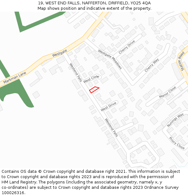 19, WEST END FALLS, NAFFERTON, DRIFFIELD, YO25 4QA: Location map and indicative extent of plot