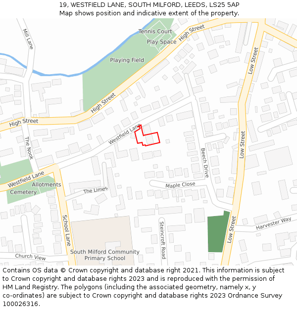 19, WESTFIELD LANE, SOUTH MILFORD, LEEDS, LS25 5AP: Location map and indicative extent of plot