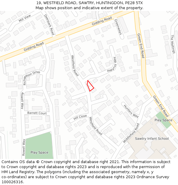 19, WESTFIELD ROAD, SAWTRY, HUNTINGDON, PE28 5TX: Location map and indicative extent of plot