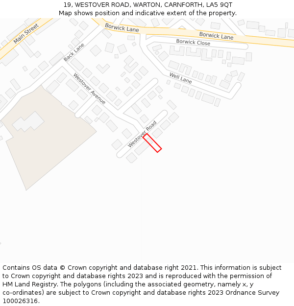 19, WESTOVER ROAD, WARTON, CARNFORTH, LA5 9QT: Location map and indicative extent of plot