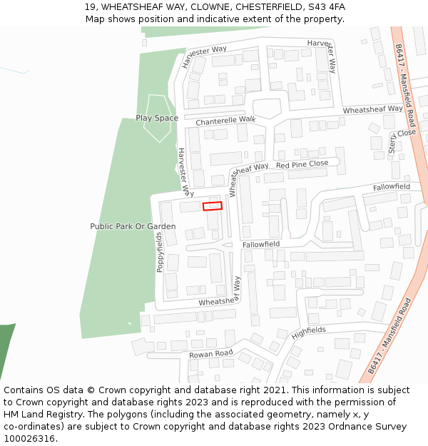 19, WHEATSHEAF WAY, CLOWNE, CHESTERFIELD, S43 4FA: Location map and indicative extent of plot