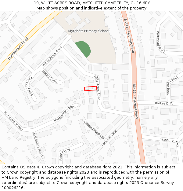 19, WHITE ACRES ROAD, MYTCHETT, CAMBERLEY, GU16 6EY: Location map and indicative extent of plot