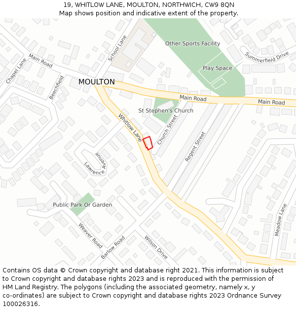 19, WHITLOW LANE, MOULTON, NORTHWICH, CW9 8QN: Location map and indicative extent of plot