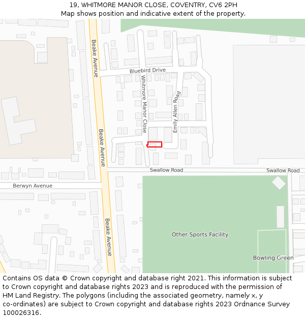 19, WHITMORE MANOR CLOSE, COVENTRY, CV6 2PH: Location map and indicative extent of plot