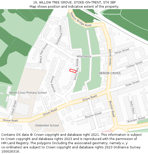 19, WILLOW TREE GROVE, STOKE-ON-TRENT, ST4 3BF: Location map and indicative extent of plot