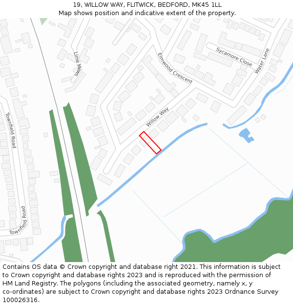 19, WILLOW WAY, FLITWICK, BEDFORD, MK45 1LL: Location map and indicative extent of plot