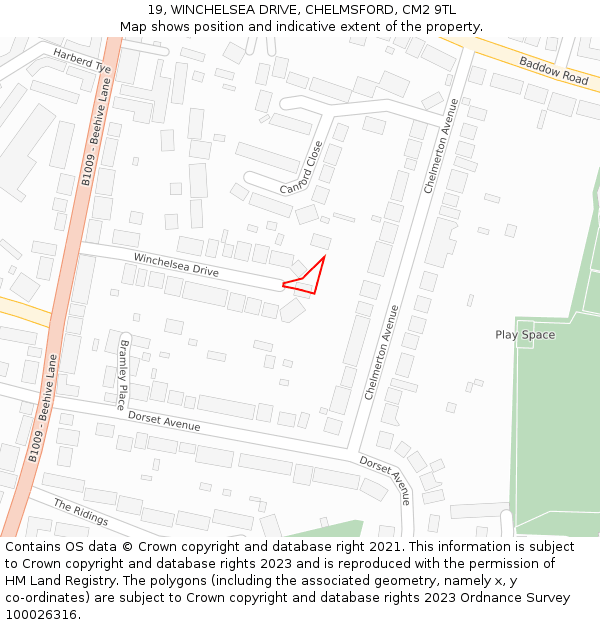 19, WINCHELSEA DRIVE, CHELMSFORD, CM2 9TL: Location map and indicative extent of plot