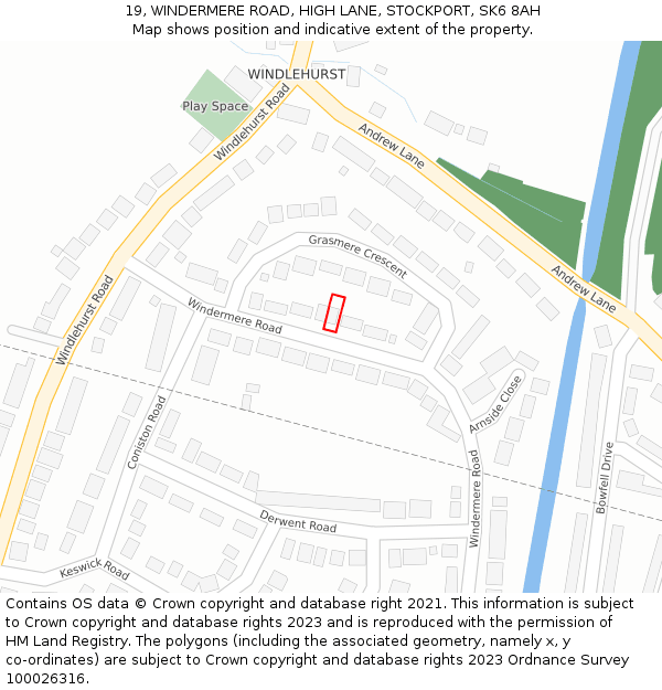 19, WINDERMERE ROAD, HIGH LANE, STOCKPORT, SK6 8AH: Location map and indicative extent of plot