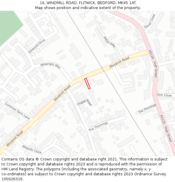 19, WINDMILL ROAD, FLITWICK, BEDFORD, MK45 1AT: Location map and indicative extent of plot