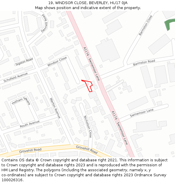 19, WINDSOR CLOSE, BEVERLEY, HU17 0JA: Location map and indicative extent of plot