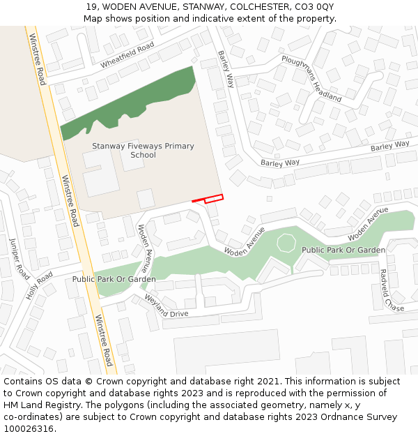 19, WODEN AVENUE, STANWAY, COLCHESTER, CO3 0QY: Location map and indicative extent of plot