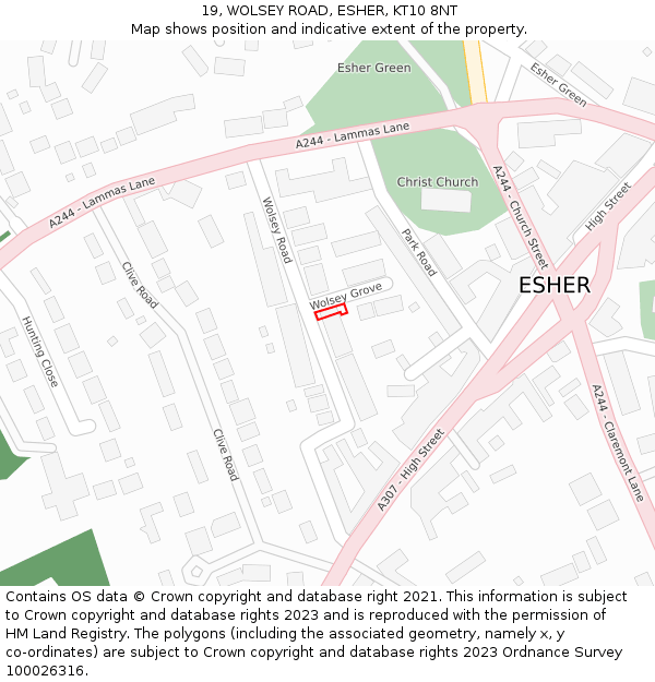 19, WOLSEY ROAD, ESHER, KT10 8NT: Location map and indicative extent of plot