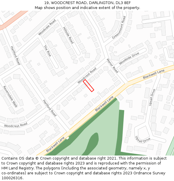 19, WOODCREST ROAD, DARLINGTON, DL3 8EF: Location map and indicative extent of plot