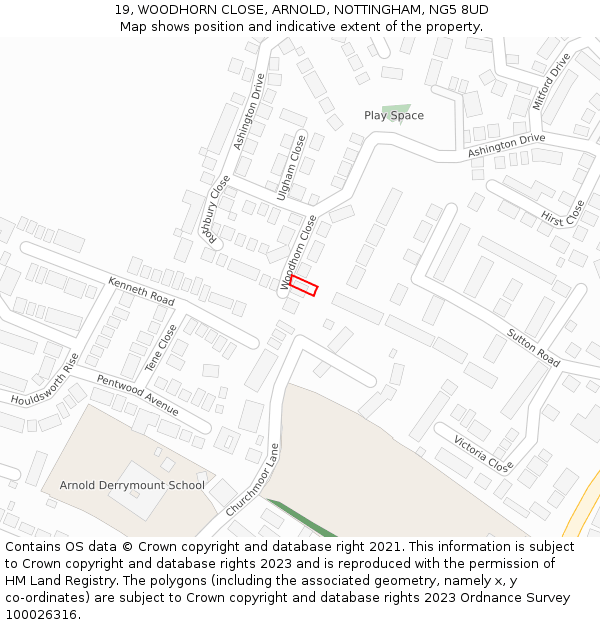 19, WOODHORN CLOSE, ARNOLD, NOTTINGHAM, NG5 8UD: Location map and indicative extent of plot